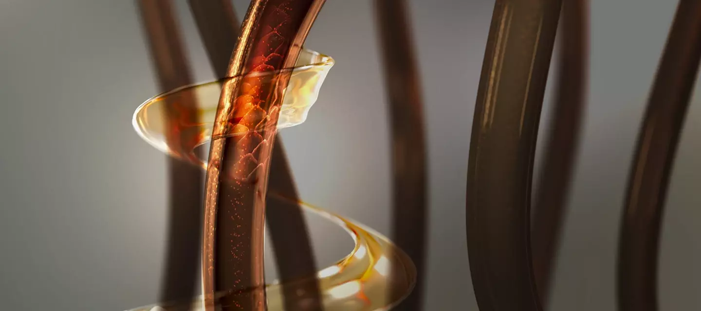 A depiction and extreme closeup of a scalp serum or a hair serum protecting the hair strand